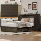 MAYEERTY Lit escamotable de taille standard avec cadre de ferme et tiroir de rangement spacieux, pour chambre à coucher, gris rustique