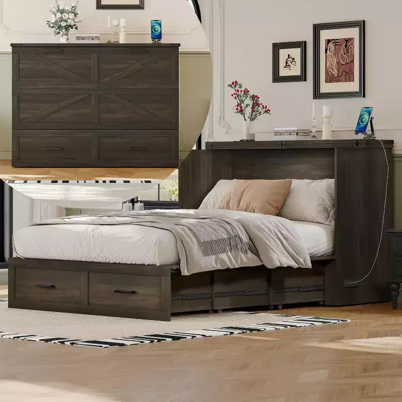 MAYEERTY Lit escamotable de taille standard avec cadre de ferme et tiroir de rangement spacieux, pour chambre à coucher, gris rustique
