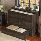MAYEERTY Lit escamotable de taille standard avec cadre de ferme et tiroir de rangement spacieux, pour chambre à coucher, gris rustique