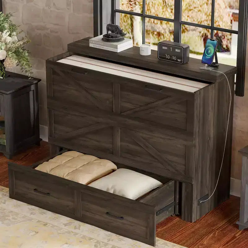 MAYEERTY Lit escamotable de taille standard avec cadre de ferme et tiroir de rangement spacieux, pour chambre à coucher, gris rustique