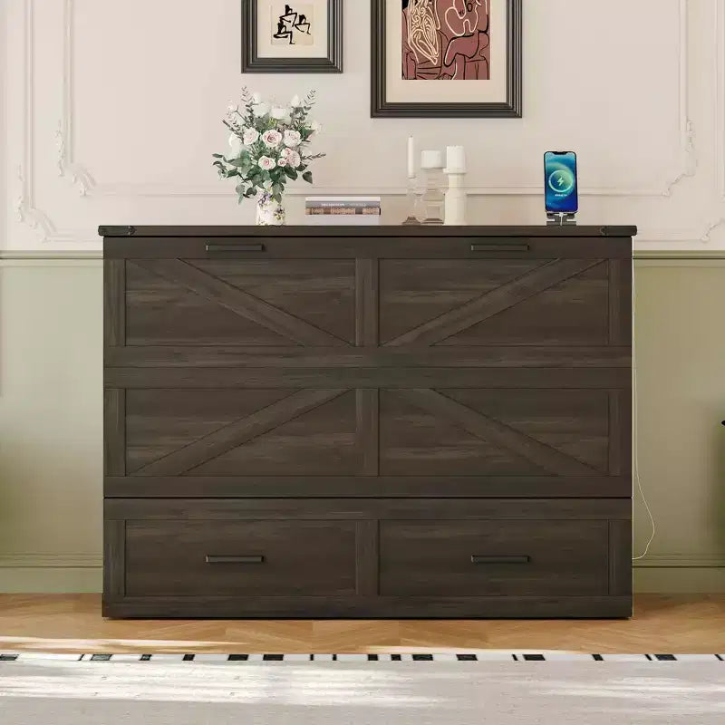 MAYEERTY Lit escamotable de taille standard avec cadre de ferme et tiroir de rangement spacieux, pour chambre à coucher, gris rustique