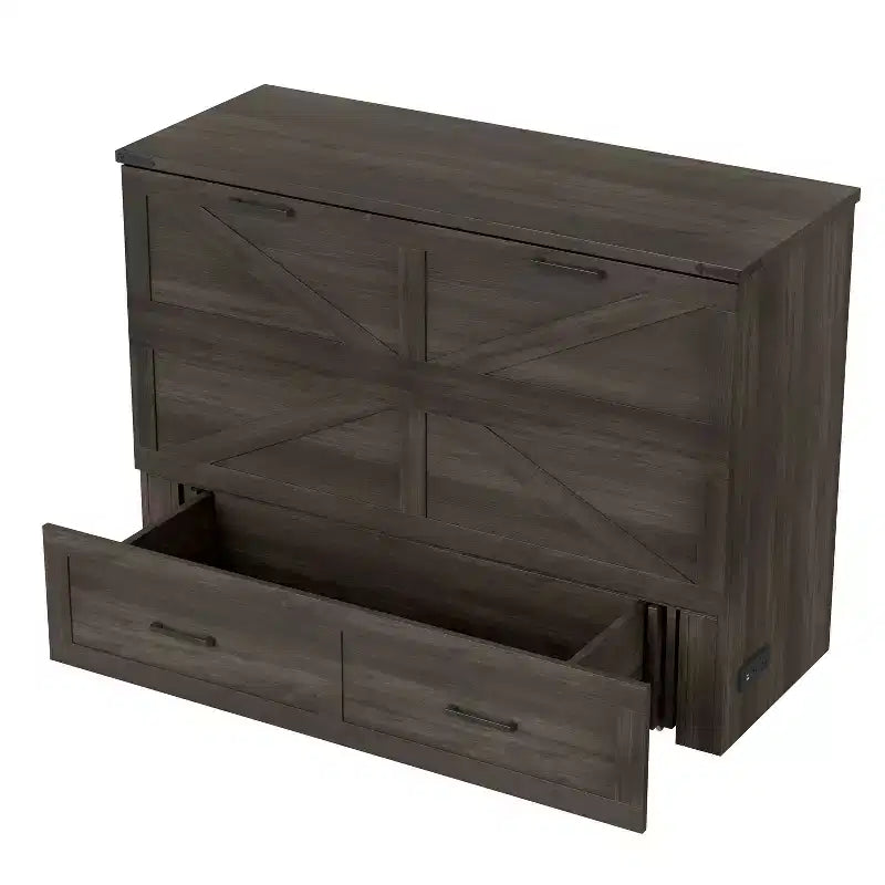 MAYEERTY Lit escamotable de taille standard avec cadre de ferme et tiroir de rangement spacieux, pour chambre à coucher, gris rustique