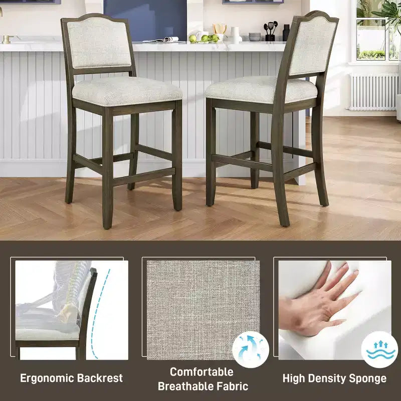 GDFStudio Franklin Tabourets de comptoir avec structure en bois d'hévéa, dossier ergonomique (Lot de 2)