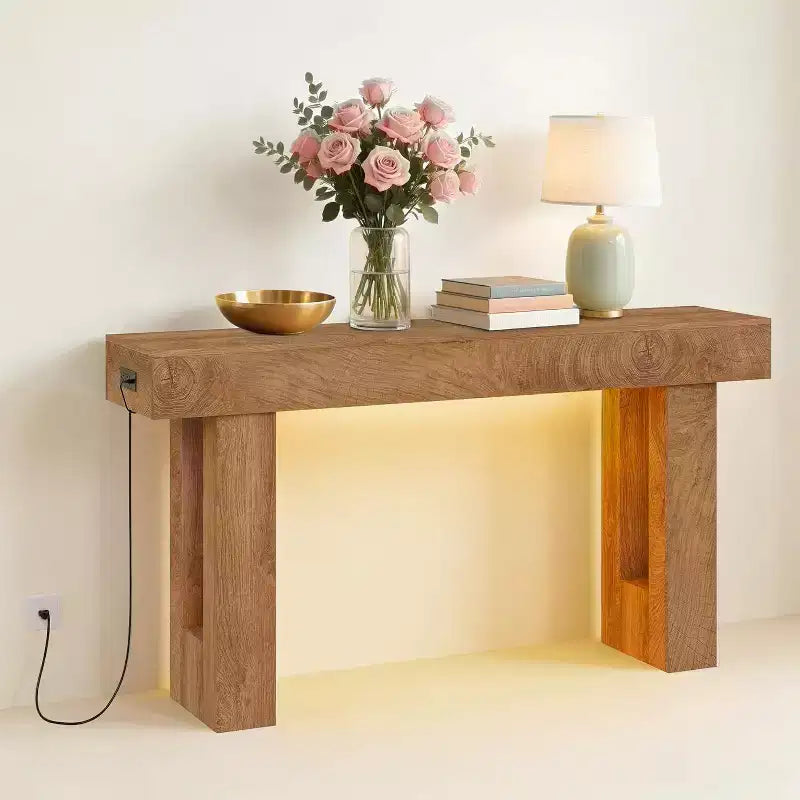 63 Farmhouse Console Table with Charging Station & LED Light, Slim Entryway Sofa Table for Hallway Living Room, Natural Wood Finish