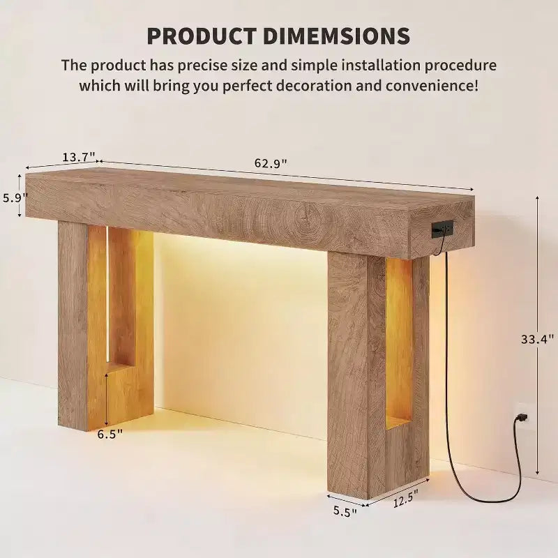 63 Farmhouse Console Table with Charging Station & LED Light, Slim Entryway Sofa Table for Hallway Living Room, Natural Wood Finish