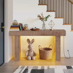 63 Farmhouse Console Table with Charging Station & LED Light, Slim Entryway Sofa Table for Hallway Living Room, Natural Wood Finish