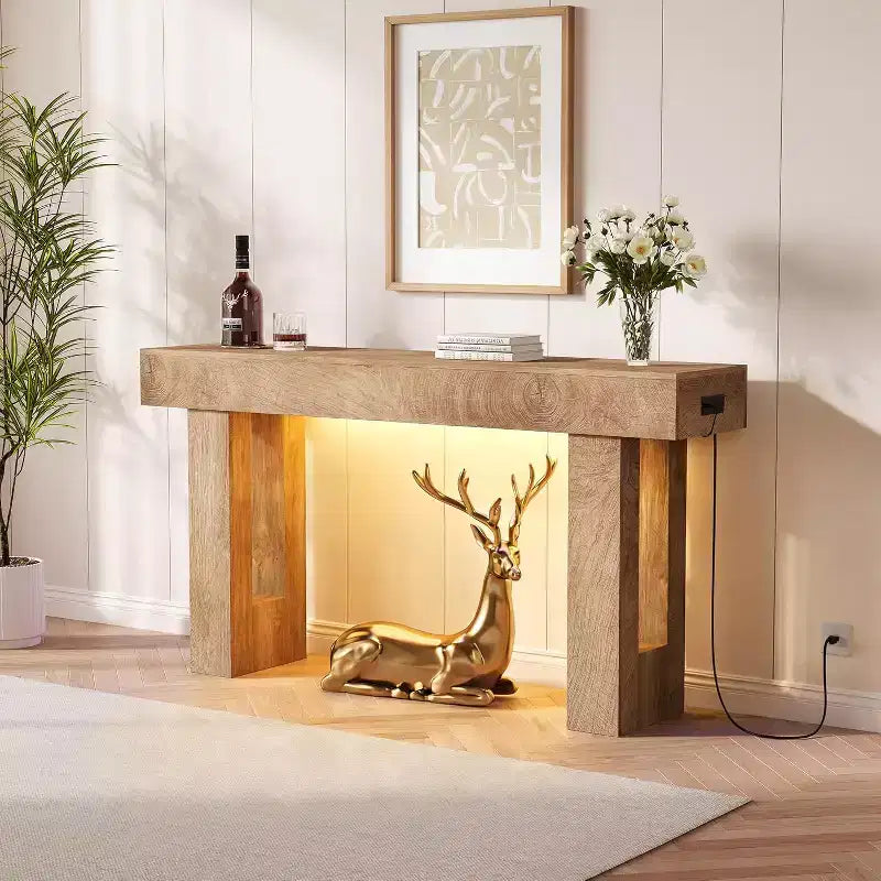 63 Farmhouse Console Table with Charging Station & LED Light, Slim Entryway Sofa Table for Hallway Living Room, Natural Wood Finish
