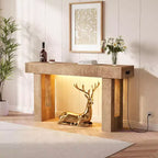 63 Farmhouse Console Table with Charging Station & LED Light, Slim Entryway Sofa Table for Hallway Living Room, Natural Wood Finish