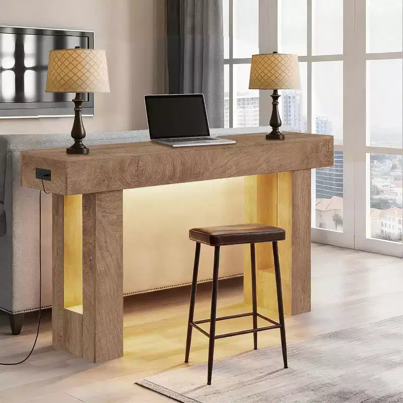 63 Farmhouse Console Table with Charging Station & LED Light, Slim Entryway Sofa Table for Hallway Living Room, Natural Wood Finish