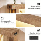63 Farmhouse Console Table with Charging Station & LED Light, Slim Entryway Sofa Table for Hallway Living Room, Natural Wood Finish