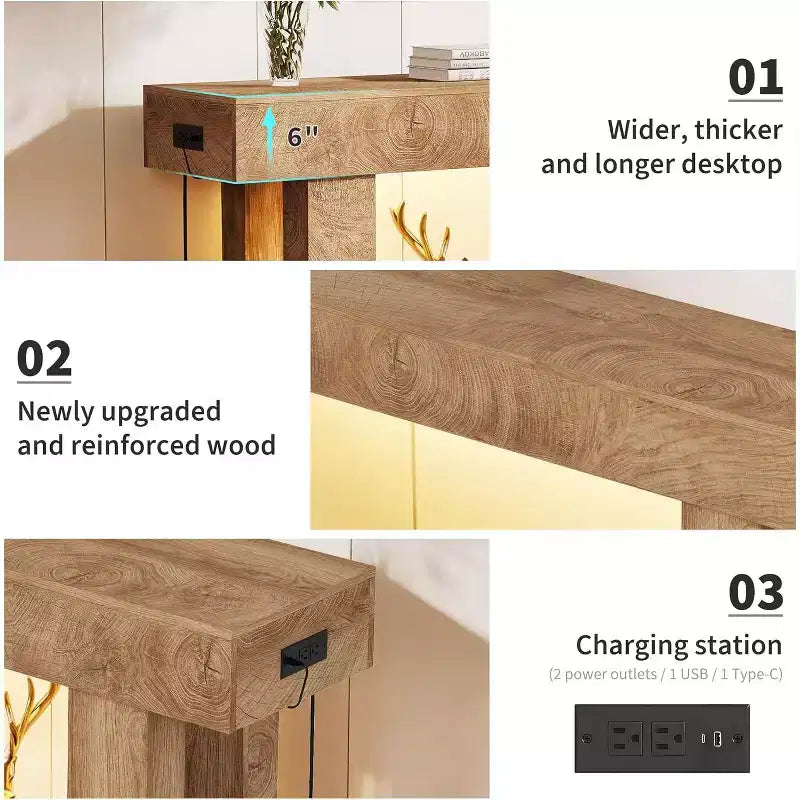 63 Farmhouse Console Table with Charging Station & LED Light, Slim Entryway Sofa Table for Hallway Living Room, Natural Wood Finish