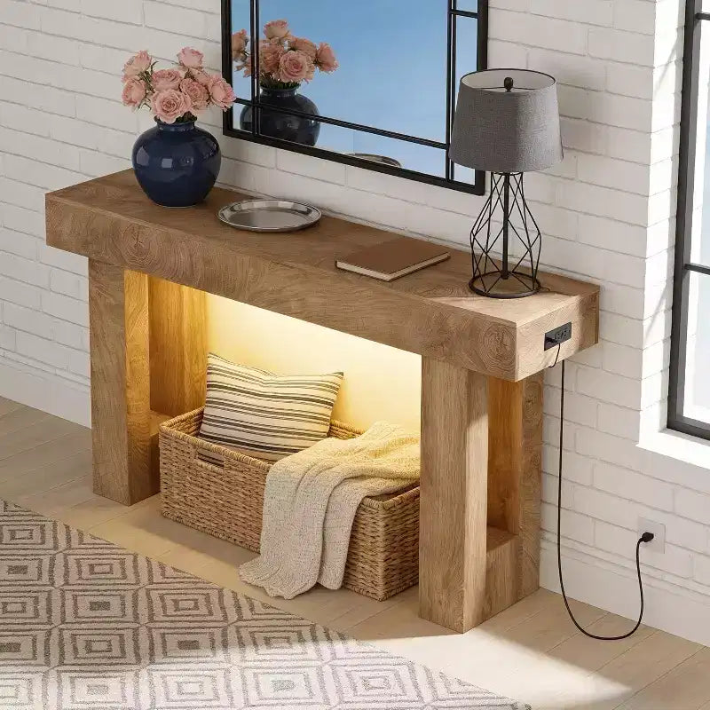 63 Farmhouse Console Table with Charging Station & LED Light, Slim Entryway Sofa Table for Hallway Living Room, Natural Wood Finish