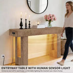 63 Farmhouse Console Table with Charging Station & LED Light, Slim Entryway Sofa Table for Hallway Living Room, Natural Wood Finish