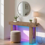 63 Farmhouse Console Table with Charging Station & LED Light, Slim Entryway Sofa Table for Hallway Living Room, Natural Wood Finish