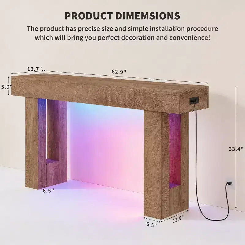63 Farmhouse Console Table with Charging Station & LED Light, Slim Entryway Sofa Table for Hallway Living Room, Natural Wood Finish