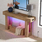 63 Farmhouse Console Table with Charging Station & LED Light, Slim Entryway Sofa Table for Hallway Living Room, Natural Wood Finish