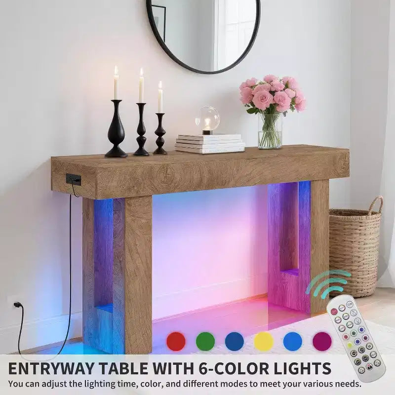 63 Farmhouse Console Table with Charging Station & LED Light, Slim Entryway Sofa Table for Hallway Living Room, Natural Wood Finish
