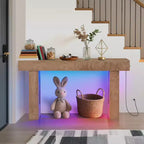 63 Farmhouse Console Table with Charging Station & LED Light, Slim Entryway Sofa Table for Hallway Living Room, Natural Wood Finish