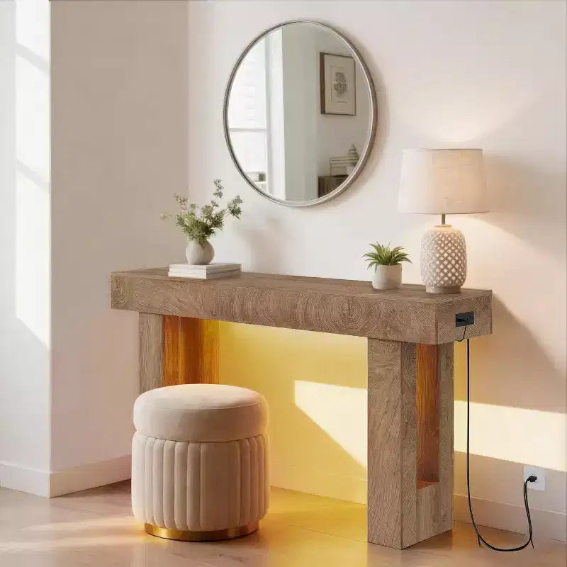 63 Farmhouse Console Table with Charging Station & LED Light, Slim Entryway Sofa Table for Hallway Living Room, Natural Wood Finish