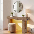 63 Farmhouse Console Table with Charging Station & LED Light, Slim Entryway Sofa Table for Hallway Living Room, Natural Wood Finish