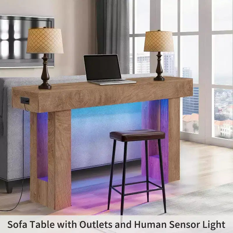 63 Farmhouse Console Table with Charging Station & LED Light, Slim Entryway Sofa Table for Hallway Living Room, Natural Wood Finish