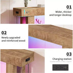 63 Farmhouse Console Table with Charging Station & LED Light, Slim Entryway Sofa Table for Hallway Living Room, Natural Wood Finish