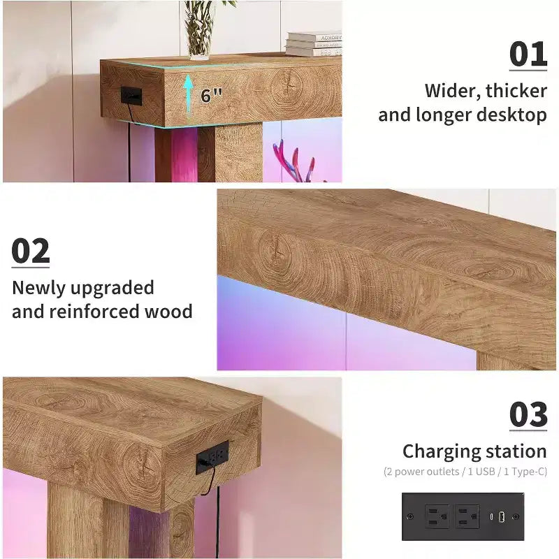 63 Farmhouse Console Table with Charging Station & LED Light, Slim Entryway Sofa Table for Hallway Living Room, Natural Wood Finish