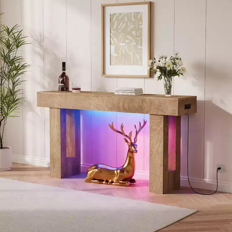 63 Farmhouse Console Table with Charging Station & LED Light, Slim Entryway Sofa Table for Hallway Living Room, Natural Wood Finish
