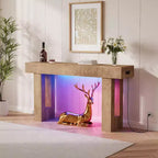 63 Farmhouse Console Table with Charging Station & LED Light, Slim Entryway Sofa Table for Hallway Living Room, Natural Wood Finish