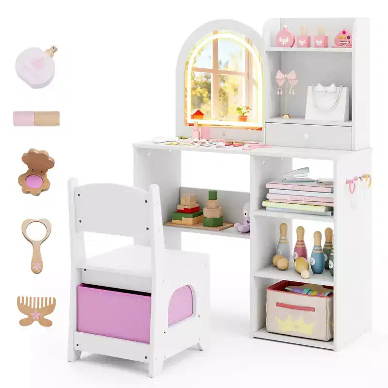 Costway Kids Vanity Set Princess Girls Makeup Vanity Desk w/ 3-Color LED Lighted Mirror White