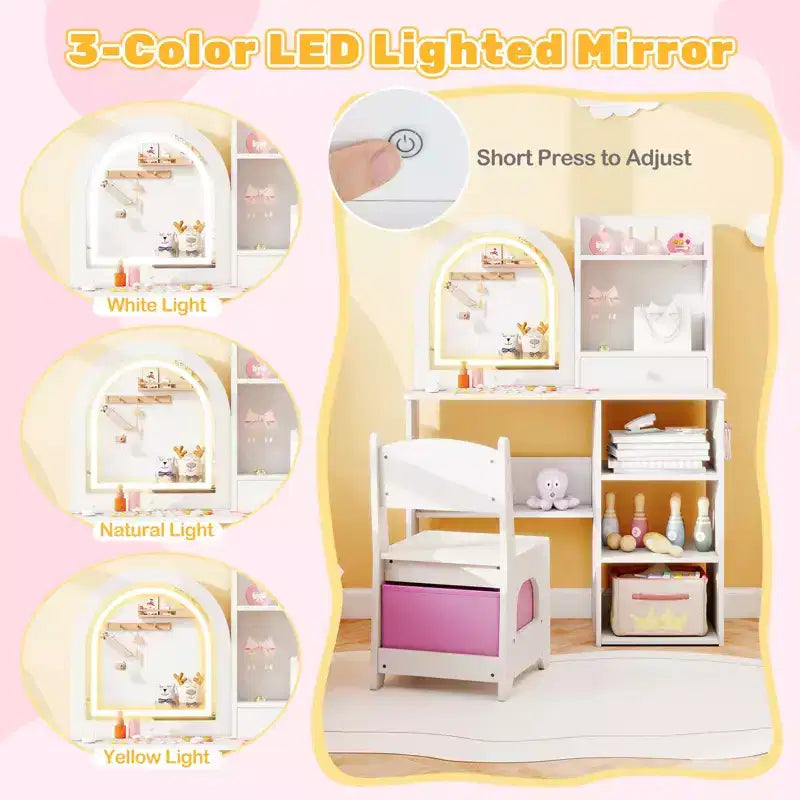 Coiffeuse enfant Costway, coiffeuse de princesse pour filles avec miroir lumineux LED 3 couleurs, blanc