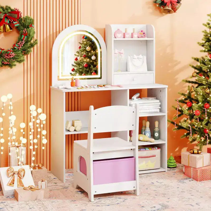 Coiffeuse enfant Costway, coiffeuse de princesse pour filles avec miroir lumineux LED 3 couleurs, blanc