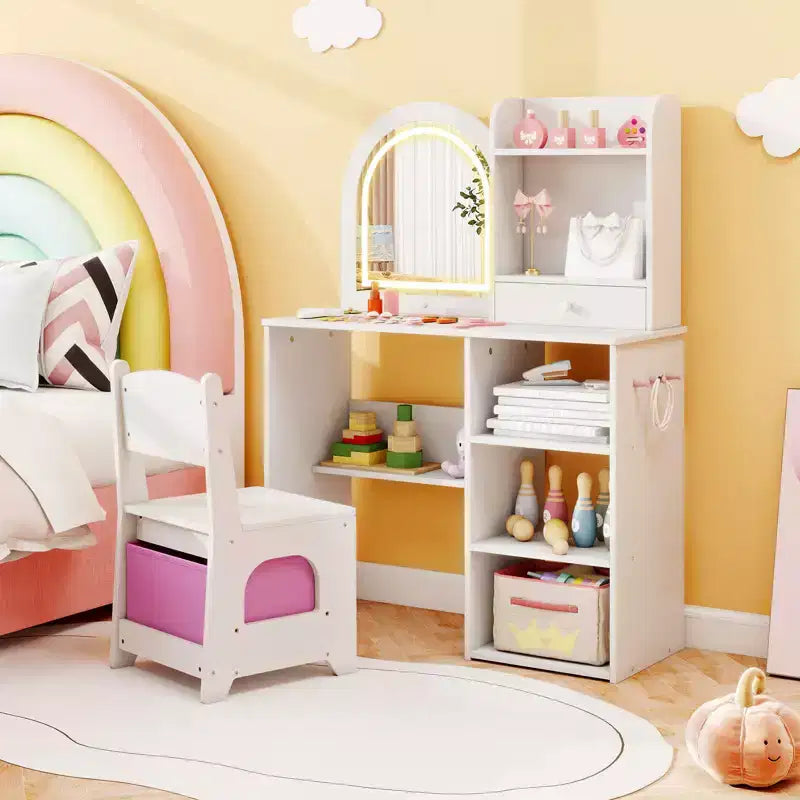 Coiffeuse enfant Costway, coiffeuse de princesse pour filles avec miroir lumineux LED 3 couleurs, blanc