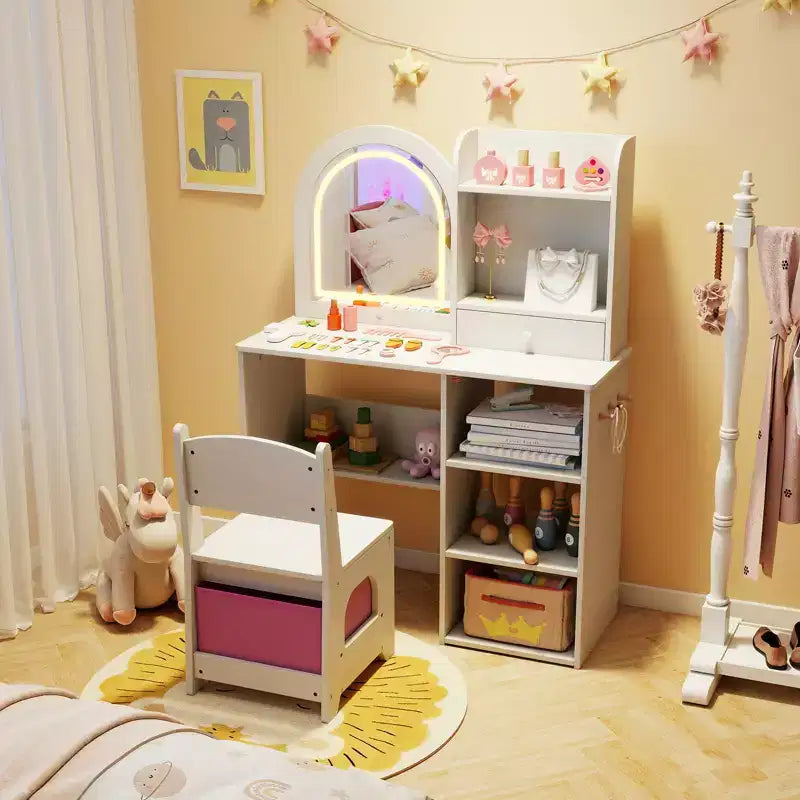Coiffeuse enfant Costway, coiffeuse de princesse pour filles avec miroir lumineux LED 3 couleurs, blanc