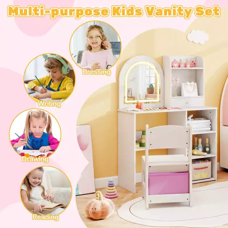 Coiffeuse enfant Costway, coiffeuse de princesse pour filles avec miroir lumineux LED 3 couleurs, blanc
