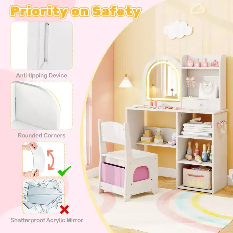 Coiffeuse enfant Costway, coiffeuse de princesse pour filles avec miroir lumineux LED 3 couleurs, blanc