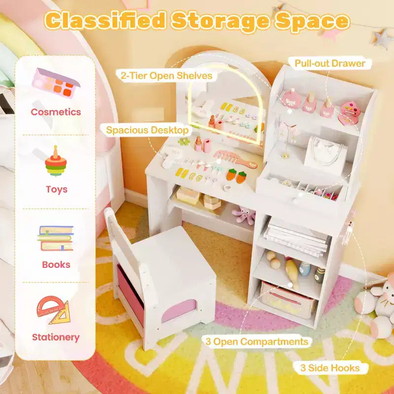 Coiffeuse enfant Costway, coiffeuse de princesse pour filles avec miroir lumineux LED 3 couleurs, blanc