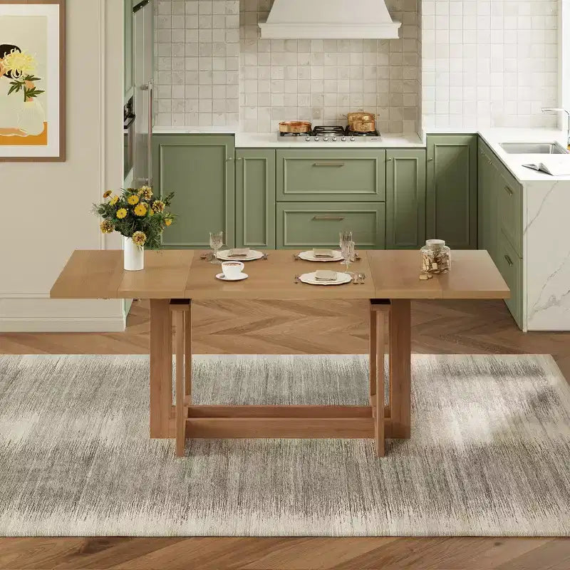 Whisen Rustic 82 Extendable Dining Table, Trestle Kitchen Table with Rubber Wood Legs, 2 Removable Leaves
