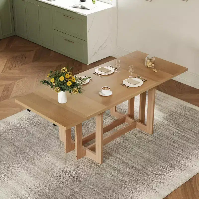 Whisen Rustic 82 Extendable Dining Table, Trestle Kitchen Table with Rubber Wood Legs, 2 Removable Leaves
