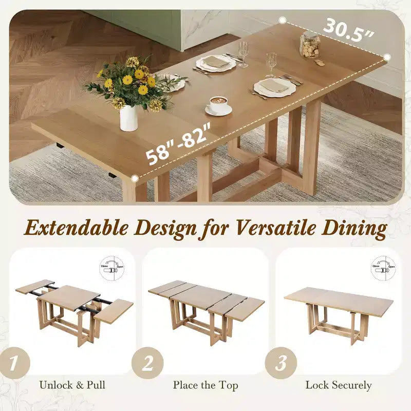 Whisen Rustic 82 Extendable Dining Table, Trestle Kitchen Table with Rubber Wood Legs, 2 Removable Leaves
