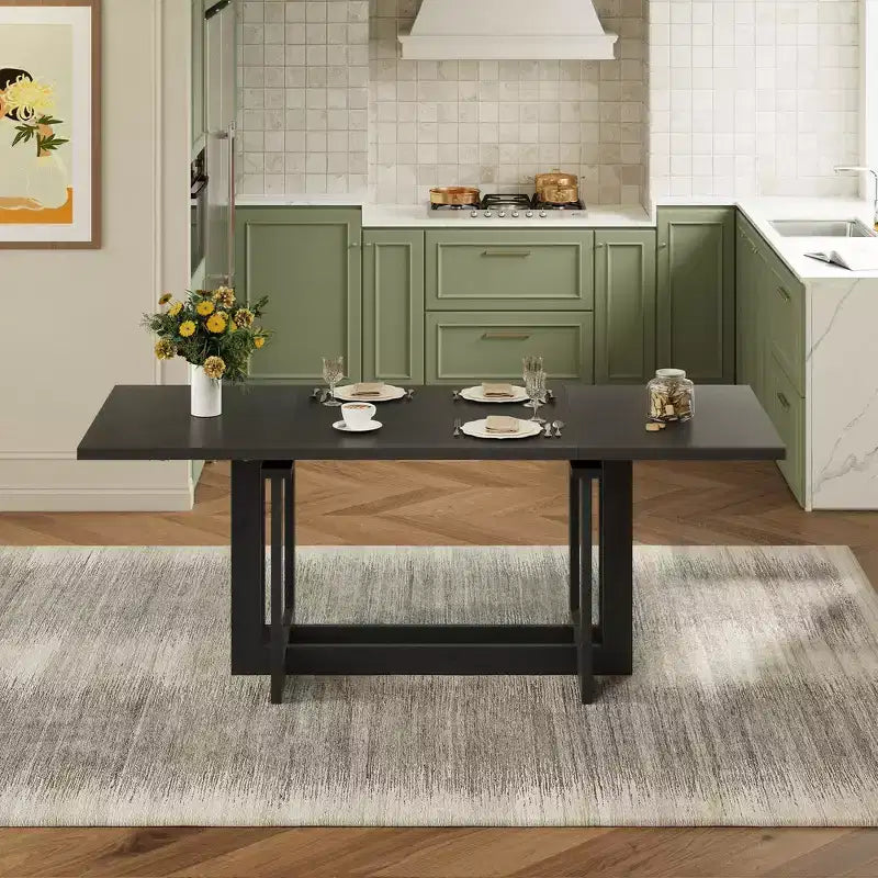 Whisen Rustic 82 Extendable Dining Table, Trestle Kitchen Table with Rubber Wood Legs, 2 Removable Leaves