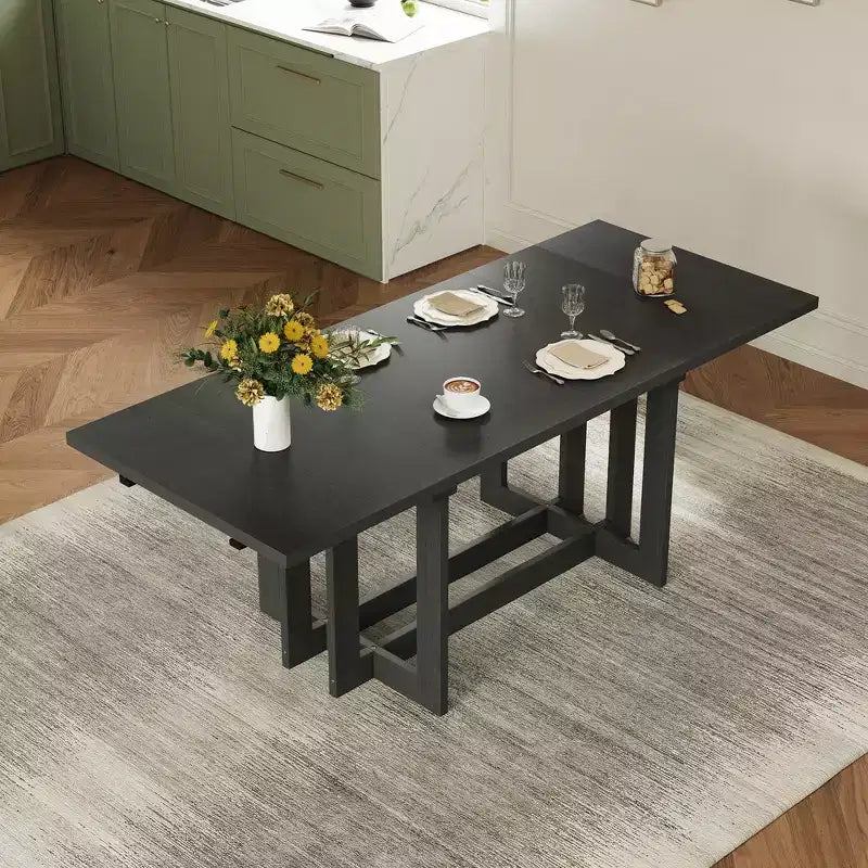 Whisen Rustic 82 Extendable Dining Table, Trestle Kitchen Table with Rubber Wood Legs, 2 Removable Leaves