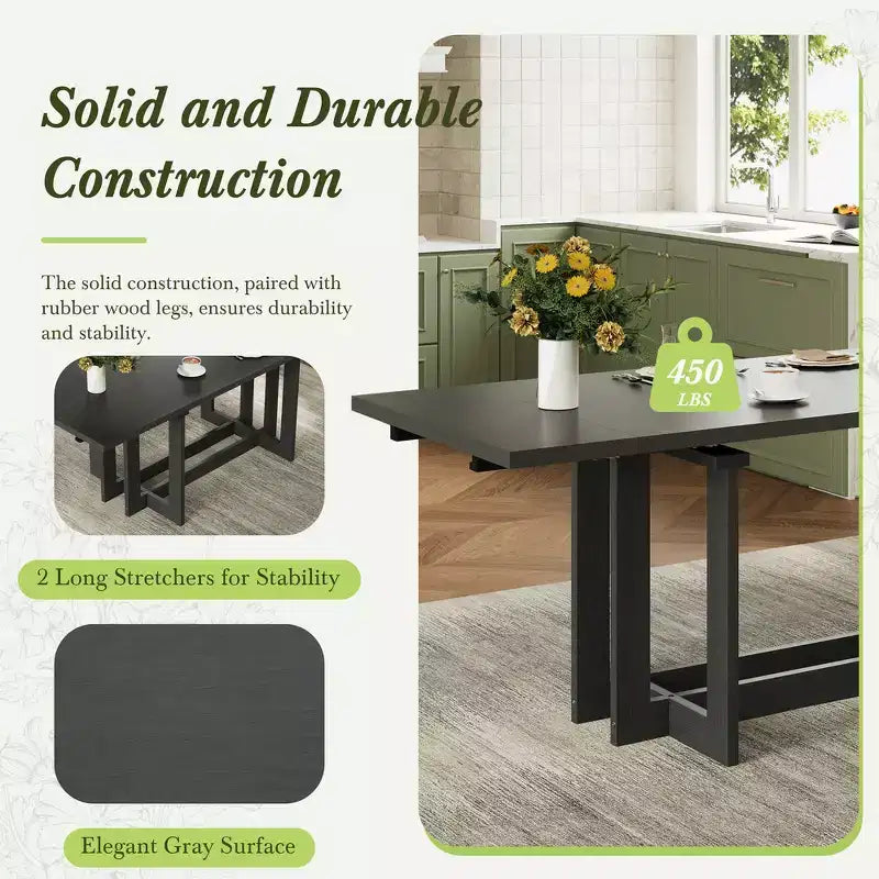 Whisen Rustic 82 Extendable Dining Table, Trestle Kitchen Table with Rubber Wood Legs, 2 Removable Leaves
