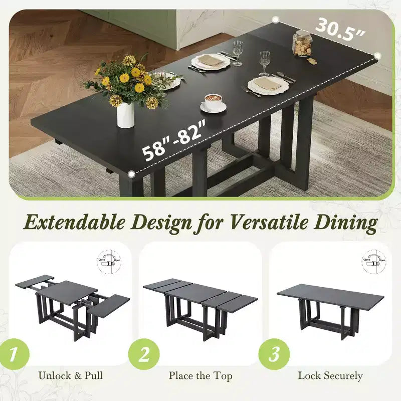 Whisen Rustic 82 Extendable Dining Table, Trestle Kitchen Table with Rubber Wood Legs, 2 Removable Leaves