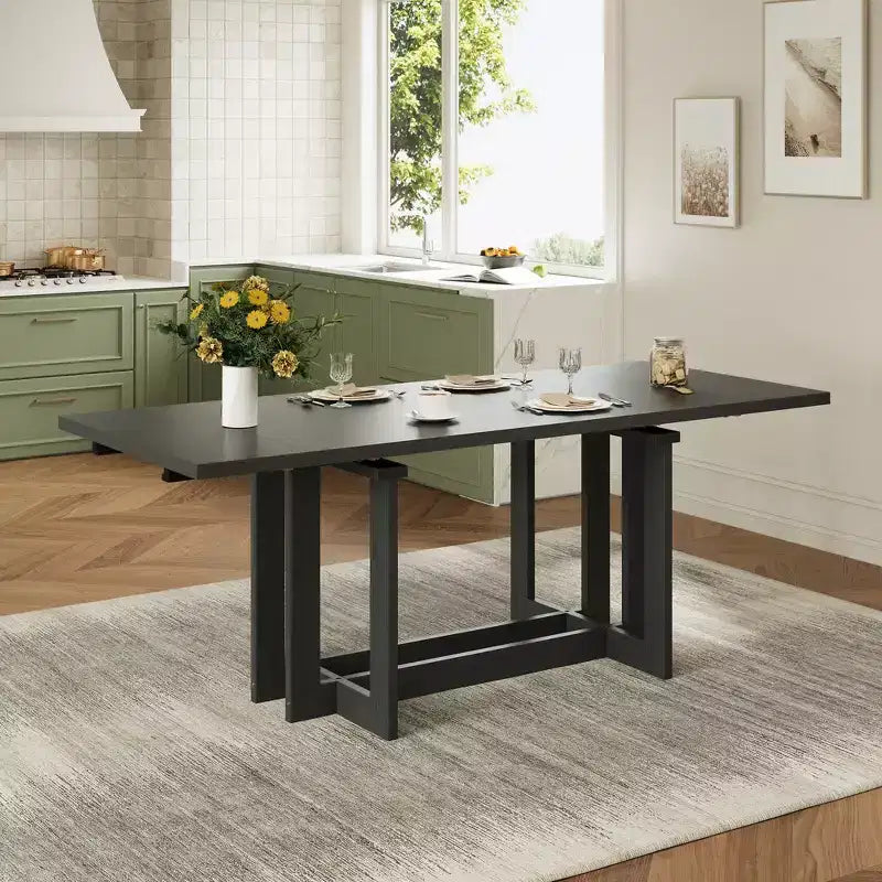 Whisen Rustic 82 Extendable Dining Table, Trestle Kitchen Table with Rubber Wood Legs, 2 Removable Leaves