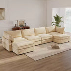 MooxvMoo 146in U Shaped Couch with Storage, Chenille Sofas for Living Room,Sectional Couch w/ Pull Out Drawer & Throw Pillows & Storage Ottoman,Wheat