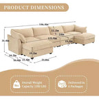 MooxvMoo 146in U Shaped Couch with Storage, Chenille Sofas for Living Room,Sectional Couch w/ Pull Out Drawer & Throw Pillows & Storage Ottoman,Wheat