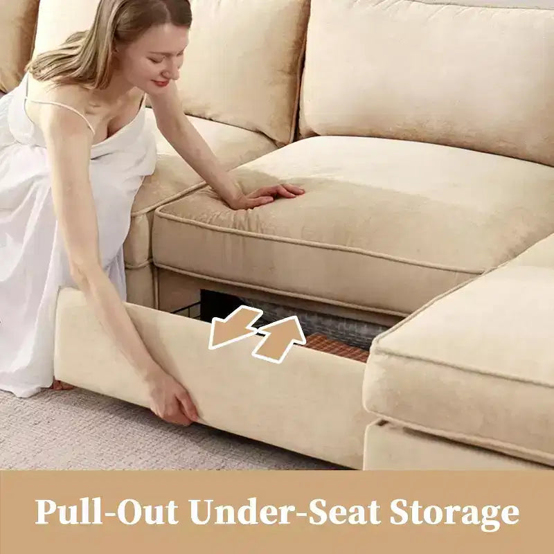 MooxvMoo 146in U Shaped Couch with Storage, Chenille Sofas for Living Room,Sectional Couch w/ Pull Out Drawer & Throw Pillows & Storage Ottoman,Wheat