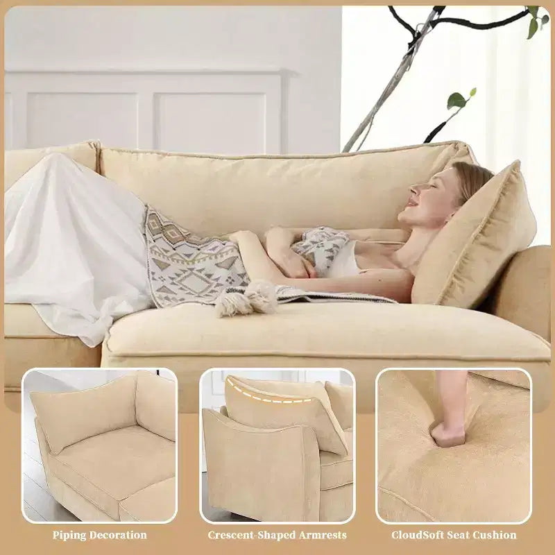 MooxvMoo 146in U Shaped Couch with Storage, Chenille Sofas for Living Room,Sectional Couch w/ Pull Out Drawer & Throw Pillows & Storage Ottoman,Wheat