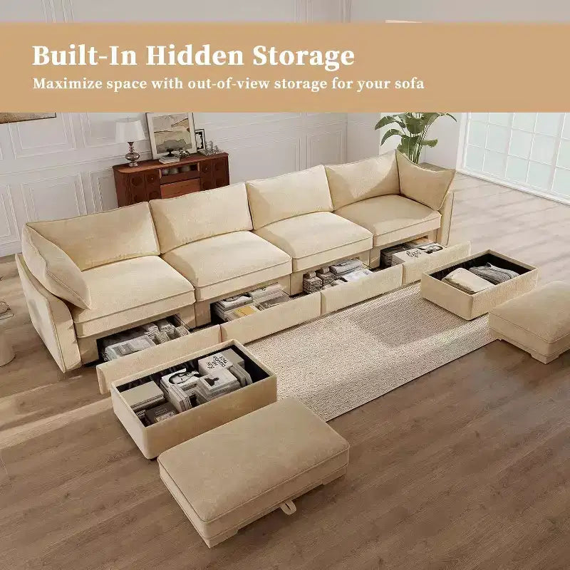 MooxvMoo 146in U Shaped Couch with Storage, Chenille Sofas for Living Room,Sectional Couch w/ Pull Out Drawer & Throw Pillows & Storage Ottoman,Wheat